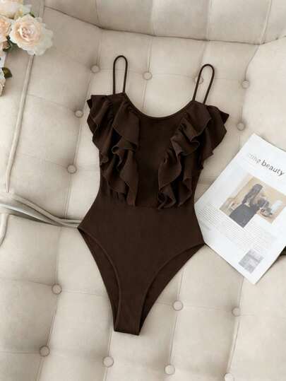 Breezaya Women's Solid Color Ruffle Hem Casual Versatile Date Night Bodysuit