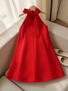 SHEIN Tween Girl 3D Floral Decor Twisted Design Halter Dress - Red - View 3