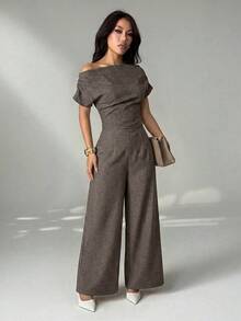 SHEIN PETITE 女款夏季新品簡約優雅日常休閒亞麻通勤寬領露肩上衣與寬腿褲套裝，棕色兩件套，適合嬌小女性 - 咖啡棕 - 查看 4