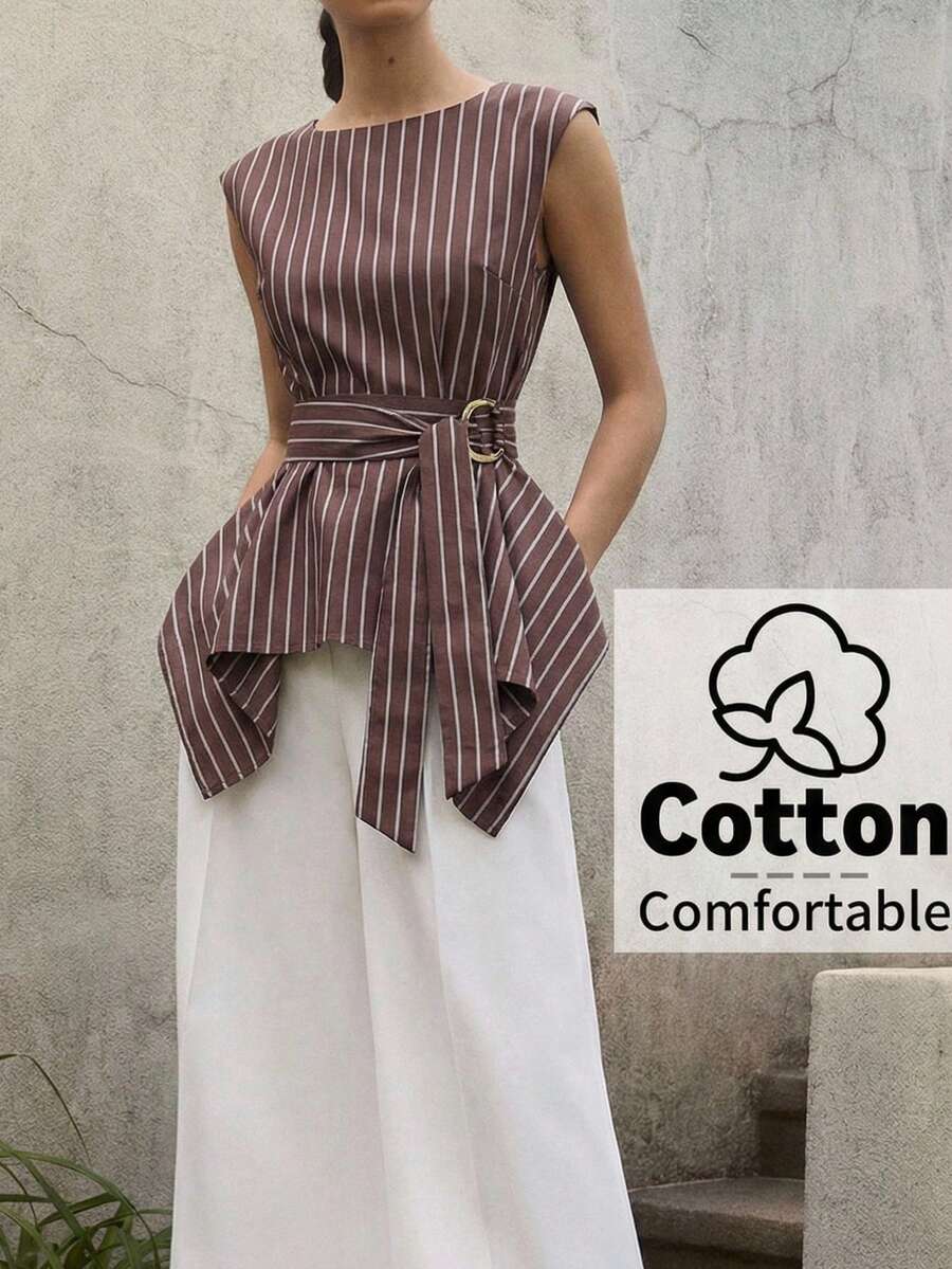 Firerie Áo sơ mi nữ thanh lịch, thời trang công sở, phong cách thành thị, đi nghỉ mát, thoải mái, tay ngắn, kẻ sọc, khóa kim loại ở eo, vạt áo bất đối xứng, màu nâu kẻ sọc. - màu nâu - Xem 1