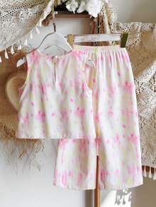 SHEIN Girls Pink Tie-Dye Sleeveless Shirt & Wide-Leg Pants Set,Cute Summer Matching Outfits For Kids,Family Vacation Stylish 2 Pcs Floral Co-Ords,Polyester - Pink - View 2