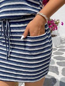 SHEIN VCAY 大码休闲条纹吊带连衣裙 - 藍色 - 查看 5