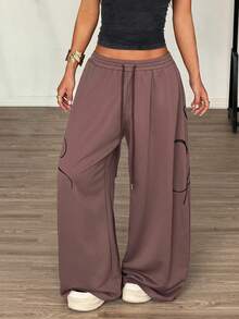 Muchica 棕色字母印花针织女式阔腿运动裤 - 棕色 - 查看 2