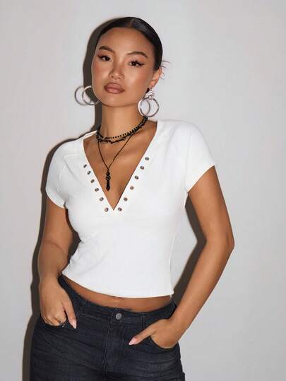 SHEIN ICON Sexy Casual Metal Eye Decor Deep V-Neck Women T-Shirt