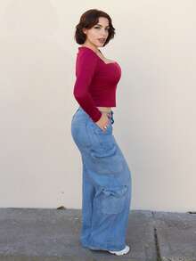 Lupita Cardoza 女式夏季简约 Y2K 基本款日常休闲辣妹弹力舒适灰色紧身方领长袖 T 恤 - 酒紅色 - 查看 5