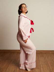 Lupita Cardoza Women's Autumn/Winter New Christmas & Valentine's Day Casual Home Daily Front Bowknot Collar Contrast Trim Pink Shirt And Loose Pink Pants 2-Piece Pajama Set - Pink - View 7