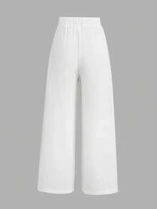 青少年（女孩）春夏休闲沙滩度假日常100%纯棉宽松带口袋长裤 - 白色 - 查看 3