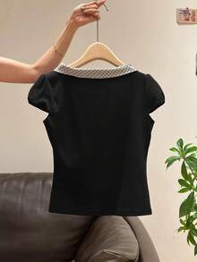 Franclia 女士优雅法式黑白格纹蝴蝶结肩部短袖T恤，新款夏季修身款上衣 - 黑色 - 查看 2