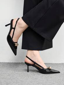 CUCCOO BIZCHIC Niche French Style Closed Toe High Heel Sandals, Patent Leather Pointed Toe Slip-On Pumps - Black - View 4