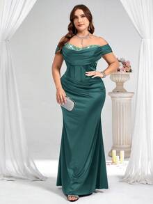 Coutiva 大码优雅亮片拼接露肩鱼尾下摆正式晚礼服 - 綠色 - 查看 4