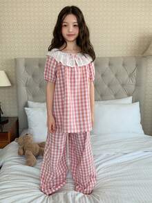 Dazy Kids 少女蝴蝶结装饰格子短袖花瓣袖上衣和裤子睡衣套装 夏季 - 粉色 - 查看 3