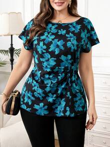 Reflora Plus Size Women Floral Print Round Neck Short Sleeve Casual Shirt Blue Top Blouses Tops For Elegant Curvy - Blue - View 3