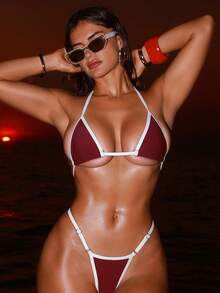 Swim SXY 26SS 女士春夏沙滩套装，女士比基尼套装，两件套，性感迷人，优雅奢华复古风，适合春夏海滩度假，撞色滚边工艺，无钢圈微三角罩杯，酒红色，性感优雅，网红风，适合海滩、度假、派对、日常穿着。2026 新款女士泳装到货，适合上学、度假、约会、下午茶、西式、邮轮、海滩、海岛、公路旅行、四季皆宜、音乐节、波西米亚风度假、秋日休闲、西部波西米亚风、优雅女士泳装，活力假日彩色印花波西米亚比基尼两件套，巴西比基尼套装，交叉比基尼套装，女士泳装比基尼套装 - 酒紅色 - 查看 5