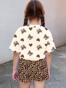 奶油白复古豹纹蝴蝶结，可爱豹纹爱心印花图案，少女休闲短袖T恤短裤两件套，适合夏季穿着 - 彩色 - 查看 2