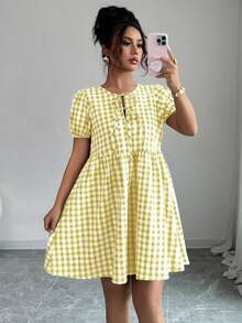 Elenzga Women's Plaid Front Tie Short Petal Sleeve Casual Mini Dress - Yellow - View 1