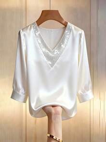 Franclia 新款春夏时尚优雅V领拼接亮片装饰中袖休闲修身女式衬衫 - 米色 - 查看 1