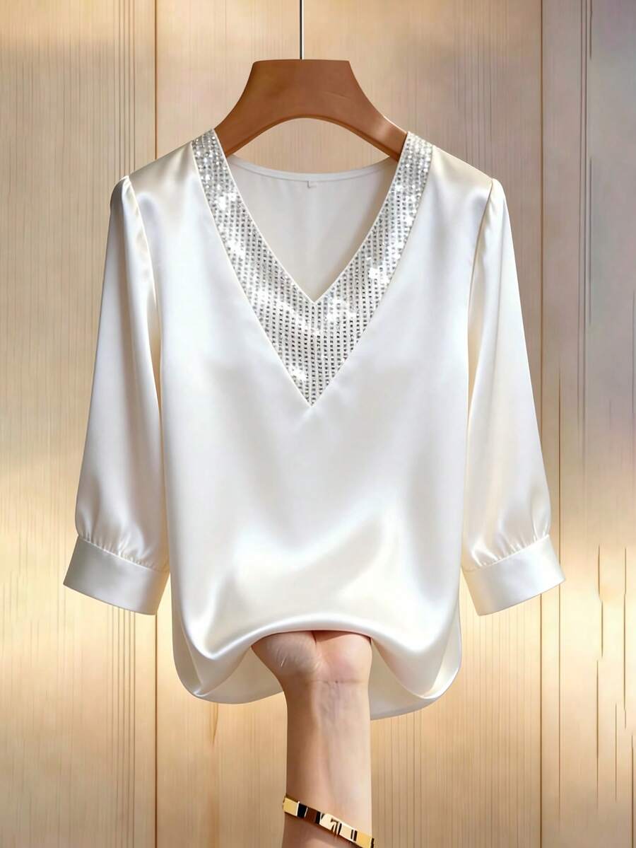 Franclia 新款春夏时尚优雅V领拼接亮片装饰中袖休闲修身女式衬衫 - 米色 - 查看 1