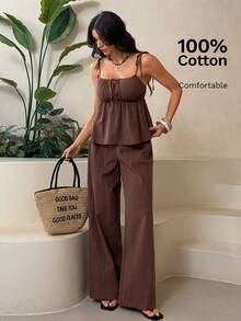 SHEIN Tall 100% Cotton Woven Brown Linen Camisole And Pants Set Pant Suit Summer Sets Brown Two Piece Set Summer Pants Sets For Women Linen Two Piece Set Brown Jumpsuit - Brown - View 1