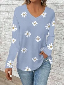 EMERY ROSE Plus Size Women V-Neck Long Sleeve Loose T-Shirt - Blue - View 3