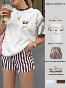 Jouncy Women's Summer Two Pieces Set, White And Brown Striped Shorts, Loose Women's T-Shirt, Basic Best-Selling Set, Cocktail Party Pattern - Multicolor - View 1