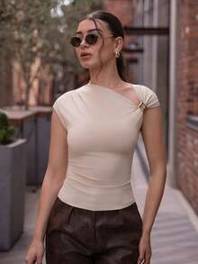 Andrea Bello Women's Casual Metal Decor Pleated Slim Fit T-Shirt, Summer - Apricot - View 1