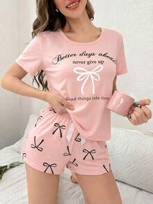 Bow & Letter Print Short Sleeve Shorts Pajama Set - Multicolor - View 1