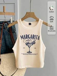 Tseoso 休闲简约圆领紧身女式背心，适合夏季穿着，鸡尾酒杯印花图案 - 杏色 - 查看 1