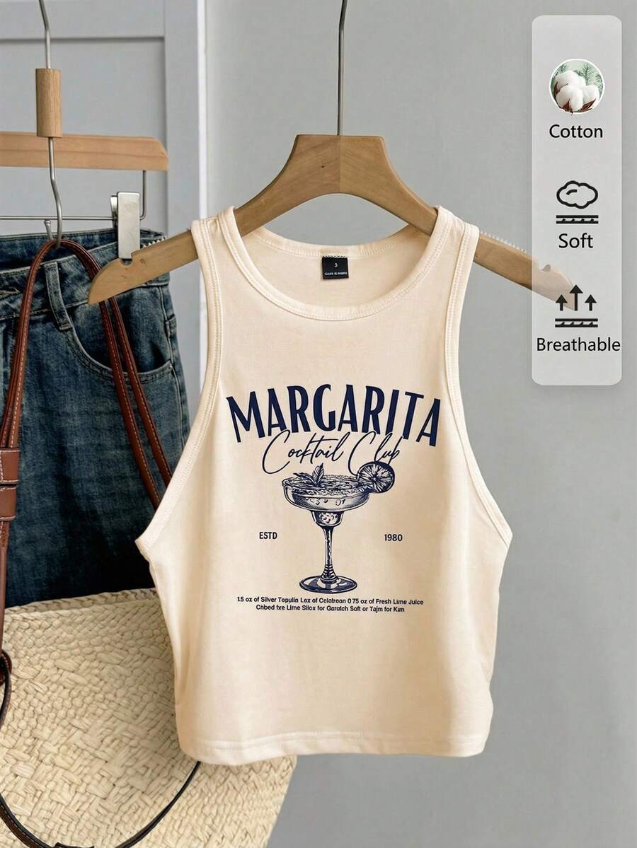 Tseoso 休闲简约圆领紧身女式背心，适合夏季穿着，鸡尾酒杯印花图案 - 杏色 - 查看 1