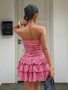 Muchica 女士夏季沙滩度假格纹印花褶皱腰部层叠荷叶边抹胸连衣裙 - 紅白色 - 查看 2