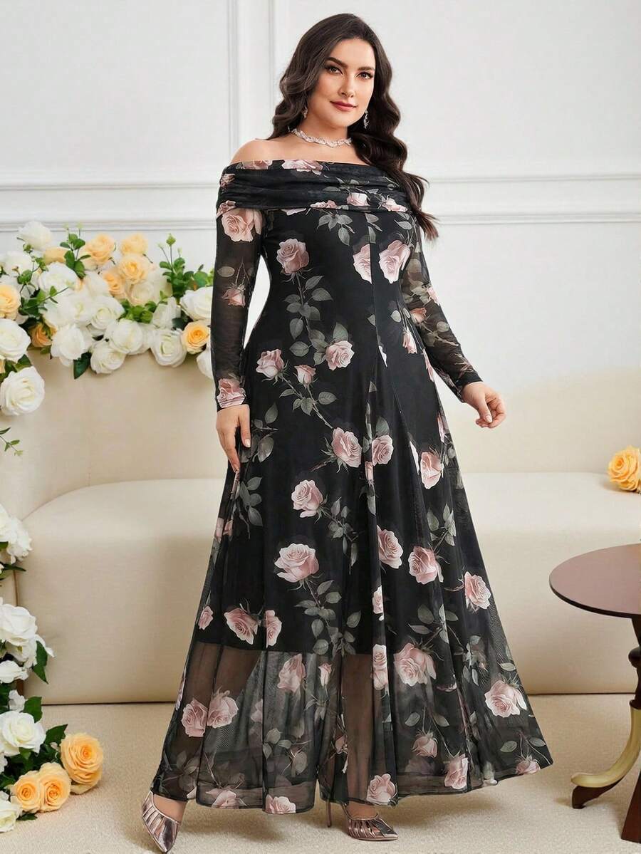 Modelyn Plus Size Elegant Floral Print Off-Shoulder Dress - Black - View 1