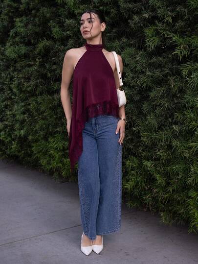 Andrea Bello 优雅蕾丝边露背吊带背心，性感缎面拼接无袖上衣，适合派对、鸡尾酒会、正式场合、圣诞节、商务休闲等场合。