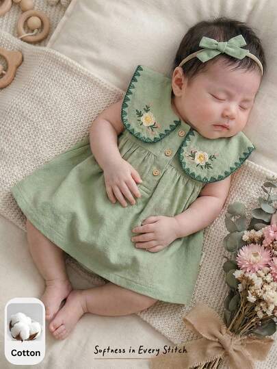 Cozy Pixies Vestido lindo sin mangas con cuello con volantes y abotonadura media para bebé recién nacido