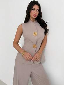 Firerie 女士春夏新款优雅亚麻竹编打结圆领收腰纽扣衬衫搭配高腰直筒阔腿裤套装，亚麻日常通勤度假装，通勤、优雅、休闲、工作服 - 杏色 - 查看 5