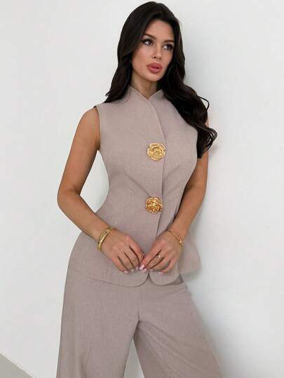 Firerie Women's Spring/Summer New Elegant Linen Bamboo Knot Round Neck Cinched Waist Button Shirt And High Waist Straight Wide Leg Pants Set, Linen Daily Commute Vacation Outfit, Commute, Elegant, Casual, Work Attire