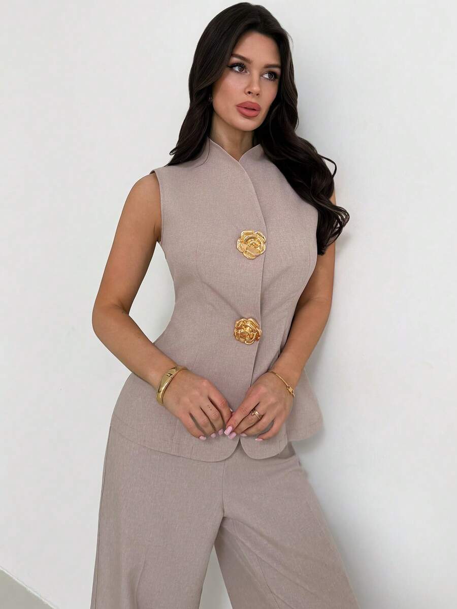 Firerie 女士春夏新款优雅亚麻竹编打结圆领收腰纽扣衬衫搭配高腰直筒阔腿裤套装，亚麻日常通勤度假装，通勤、优雅、休闲、工作服 - 杏色 - 查看 1