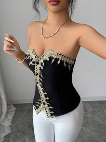 Selianne Elegantes schwarzes trägerloses Korsett mit Stickereimuster als Außenschicht. Korsett Tops Korsett Tops für Frauen Neuestes Outfit für Frauen Sexy Tops Sexy Tops für Damen Damen Korsett Laser Cut Korsett Korsett Outfit Korsett XXS Korsetts für Frauen - Schwarz - Übersicht 8