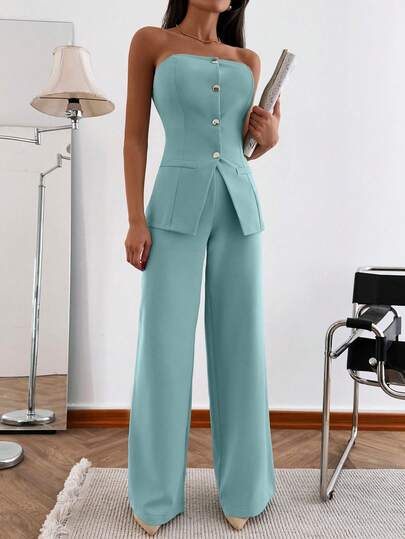 EURMUSE Elegant set med två delar, enkelknäppt linne och topp för kvinnor