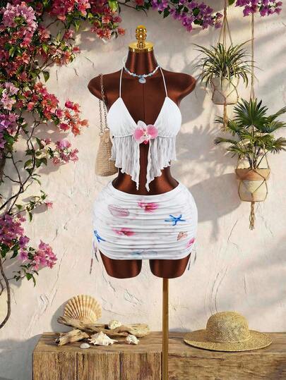 Amplova New Vacation Style Women's Sexy Backless Top With Front Tie And Asymmetrical Hem, Paired With Low-Waist Pleated Skirt Set