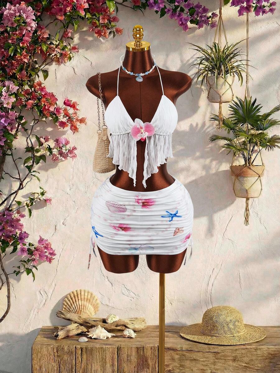 Amplova New Vacation Style Women's Sexy Backless Top With Front Tie And Asymmetrical Hem, Paired With Low-Waist Pleated Skirt Set - Multicolor - View 1