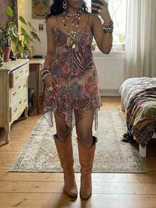 StreetHx Women's Leopard Print Asymmetrical Hem Camisole Dress, Summer,Vacation Outfits Women ,Afro Boho Outfits - Brown - View 3