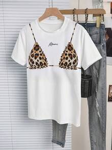 INAWLY Áo thun nữ cổ tròn tay ngắn in họa tiết tối giản, mặc thường ngày - trắng - Xem 3