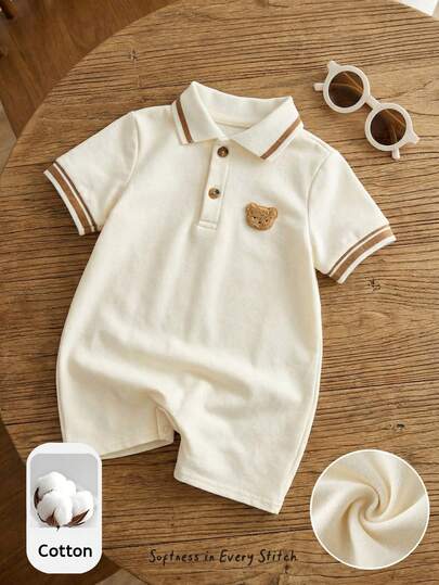 Cozy Pixies Pelele de manga corta con pantalón corto y cuello con estampado de oso de dibujos animados para bebé niño, versátil y cómodo