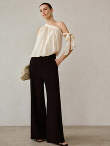 MOTF PREMIUM 不对称领口打结宽松无袖雪纺衬衫 - 杏色 - 查看 1