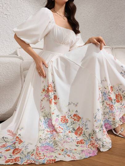 Rafferiza 女士夏季法式宫廷风优雅简约方领花瓣袖收腰长款飘逸印花休闲连衣裙