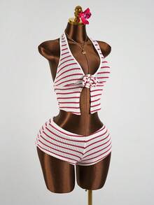 SaltGleam SaltGleam 女士性感深V领系带超低腰条纹迷你短裤两件套，夏季度假 - 彩色 - 查看 1