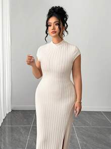 Elenzga 女士优雅短袖高领修身开衩连衣裙 - 杏色 - 查看 6