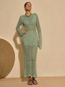 Bóhologie Going Outfit Crocheted Dress Vacation Summer Dress Women V-Neck Hollow Out Bodycon Knit Cover Up Dress Beachwear Boho Style Spring Dress - Green - View 3