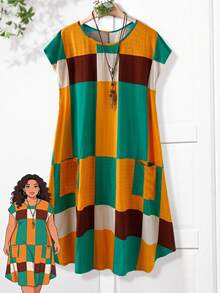 EMERY ROSE 大码女式休闲印花圆领连衣裙 - Fresh Green - 查看 1