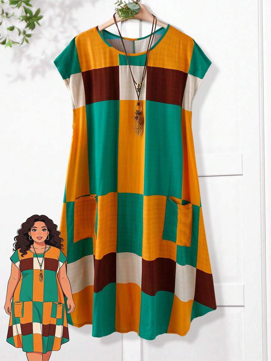 EMERY ROSE 大码女式休闲印花圆领连衣裙 - Fresh Green - 查看 1