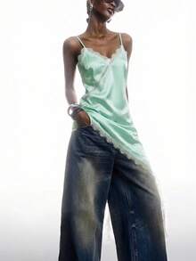 LYSMO Đầm ngắn hai dây màu xanh bạc hà tối giản mới năm 2026, phối ren tương phản, vạt bất đối xứng, thời trang cho mùa xuân/hè. - Màu xanh Bạc hà - Xem 4